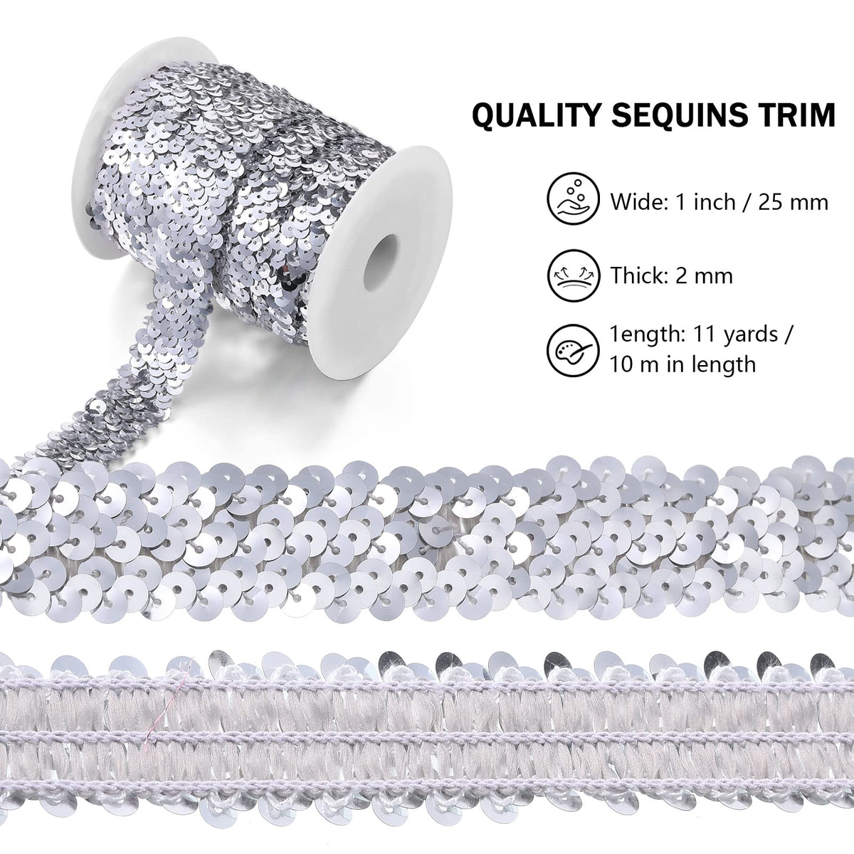 Silver Sequin Trim, 1 Inch Glitter Ribbon Halloween Craft - 11 Yard