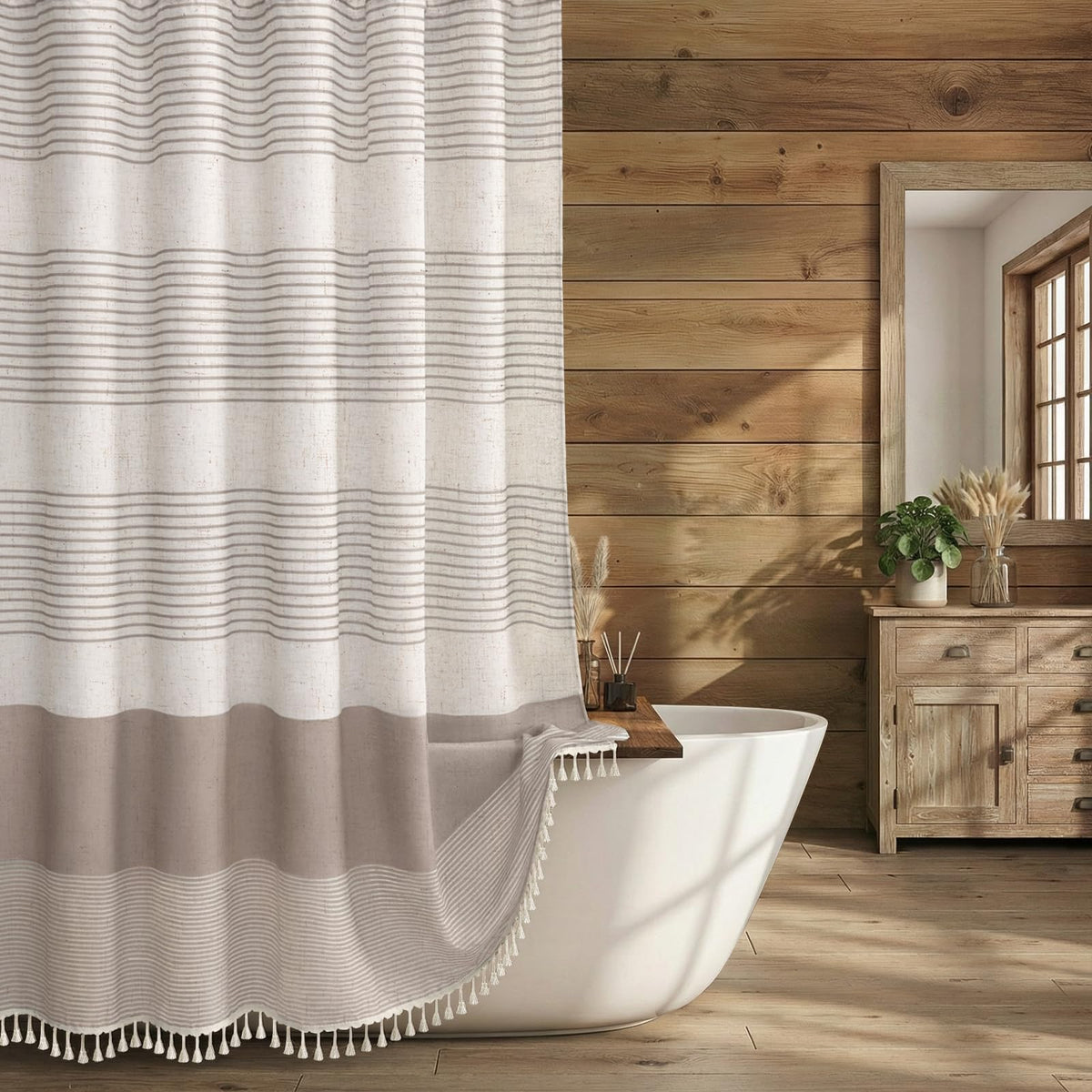 Taupe Farmhouse Linen Striped with Tassel 72"W X 72"L