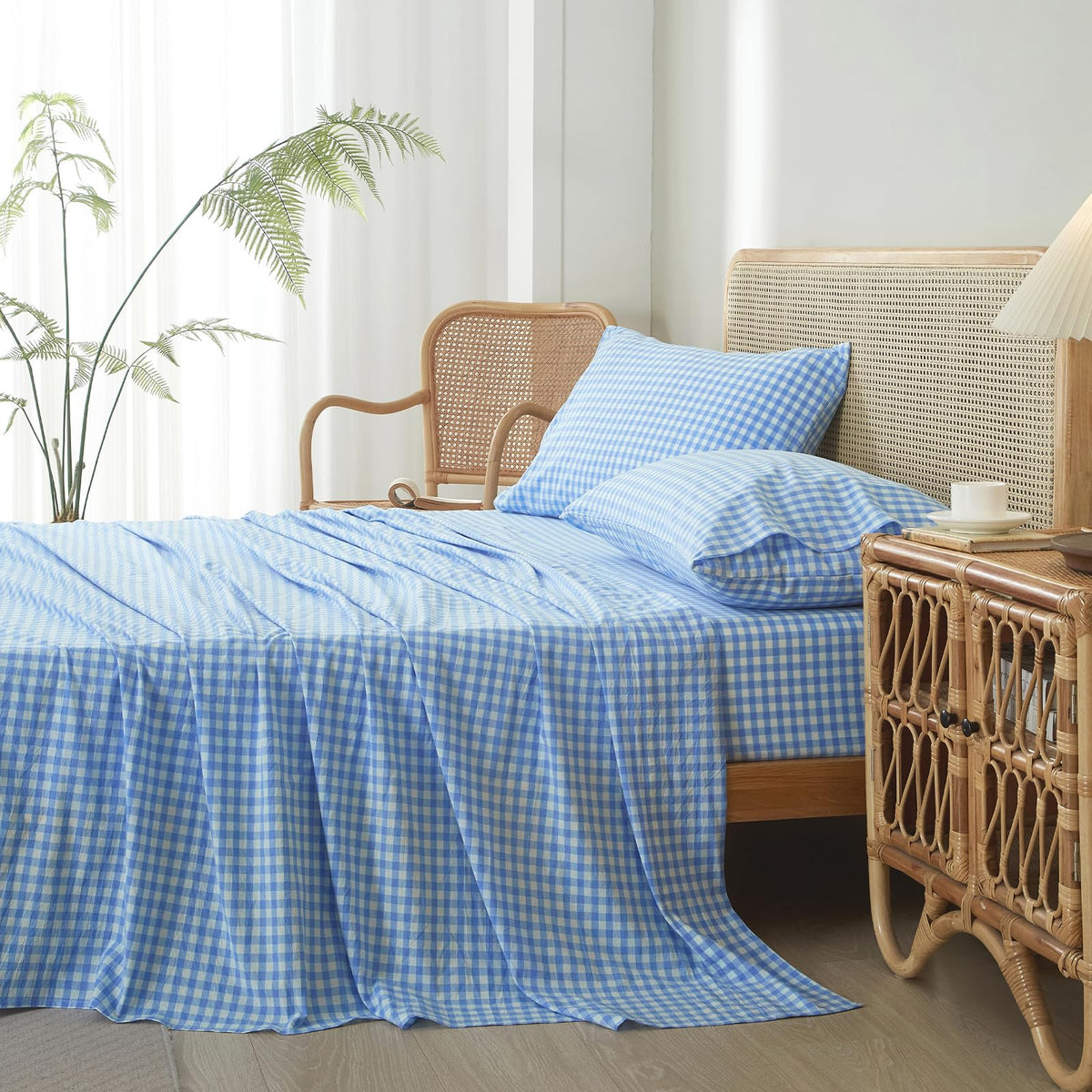 Blue Gingham Sheets Set, 100% Washed Cotton Blue Plaid Bed Sheets, Breathable Comfy Vintage Checkered