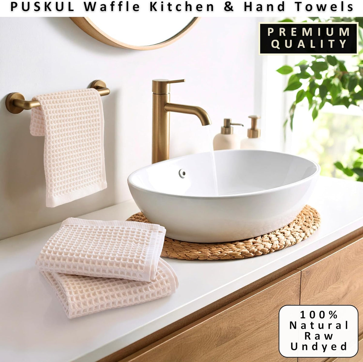 Natural 100% Turkish Cotton Waffle Kitchen and Hand Towels, 3-Piece | Raw-Undyed 32x16" Large Soft Absorbent