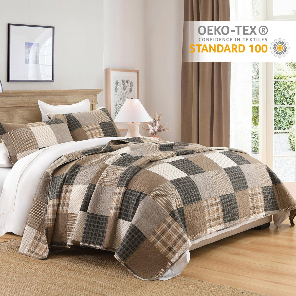 Quilt Set, Farmhouse Plaid Comforter, Cotton Quilted Bedspread, Charcoal Beige Brown Lightweight