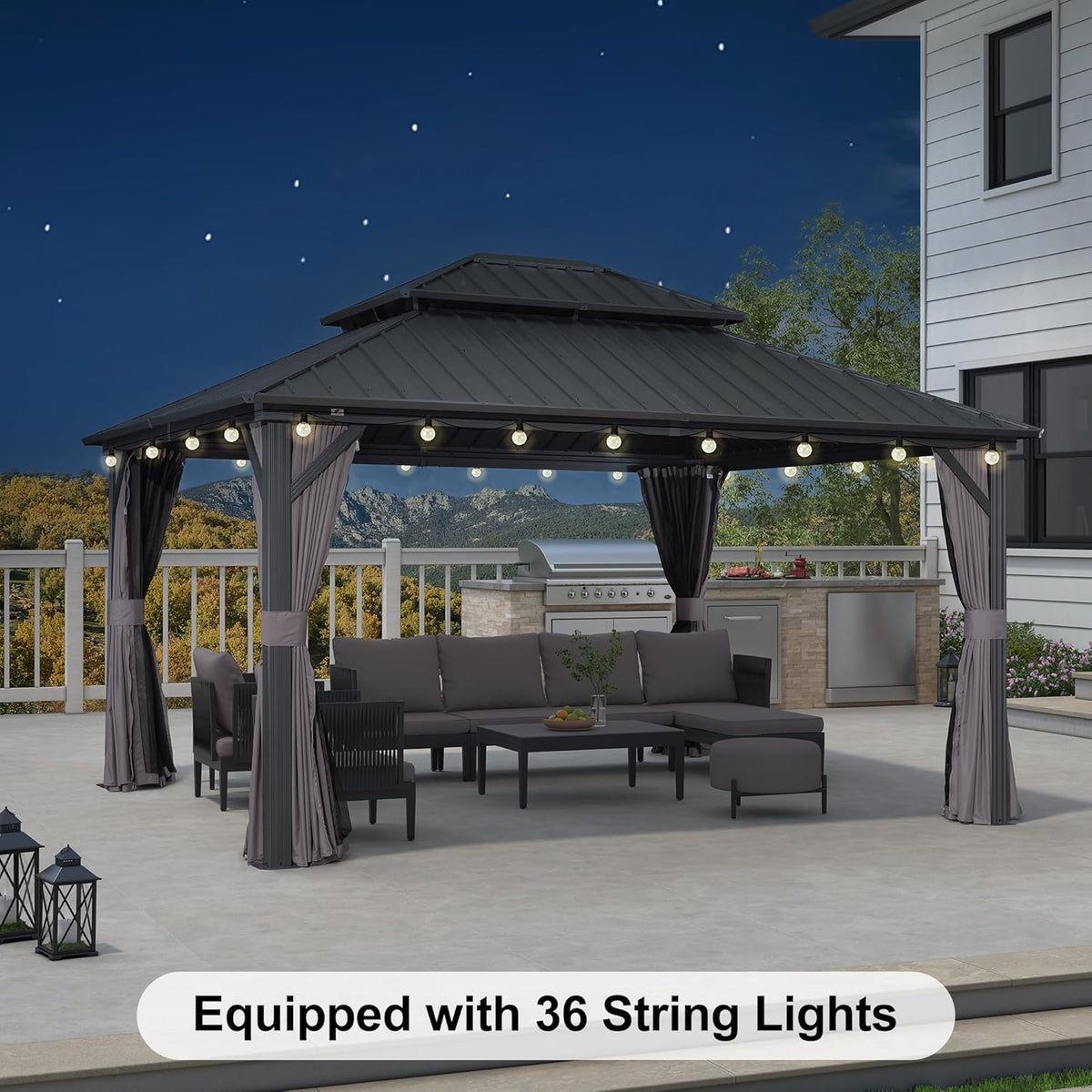 12'x14' Hardtop Gazebo with Lights Double Roof on Galvanized Steel Frame Outdoor Pavilion Including Netting and Curtains for Patio Garden Deck Grey