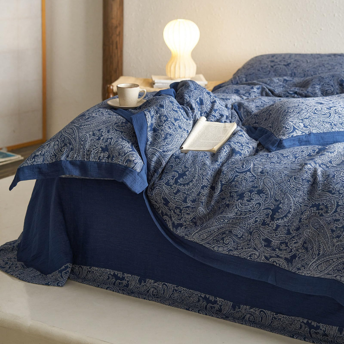Navy Blue Duvet Cover Twin XL Vintage Boho Paisley Duvet Cover Exquisite Jacquard Bedding Set Cotton Linen Yarn-Dyed