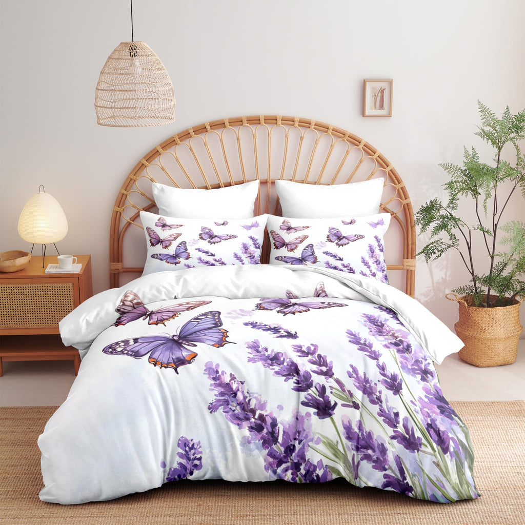Purple Lavender Queen Comforter Set, Butterfly Bedding Set Soft Victorian Style Flowers Print - 3 Pieces Fluffy