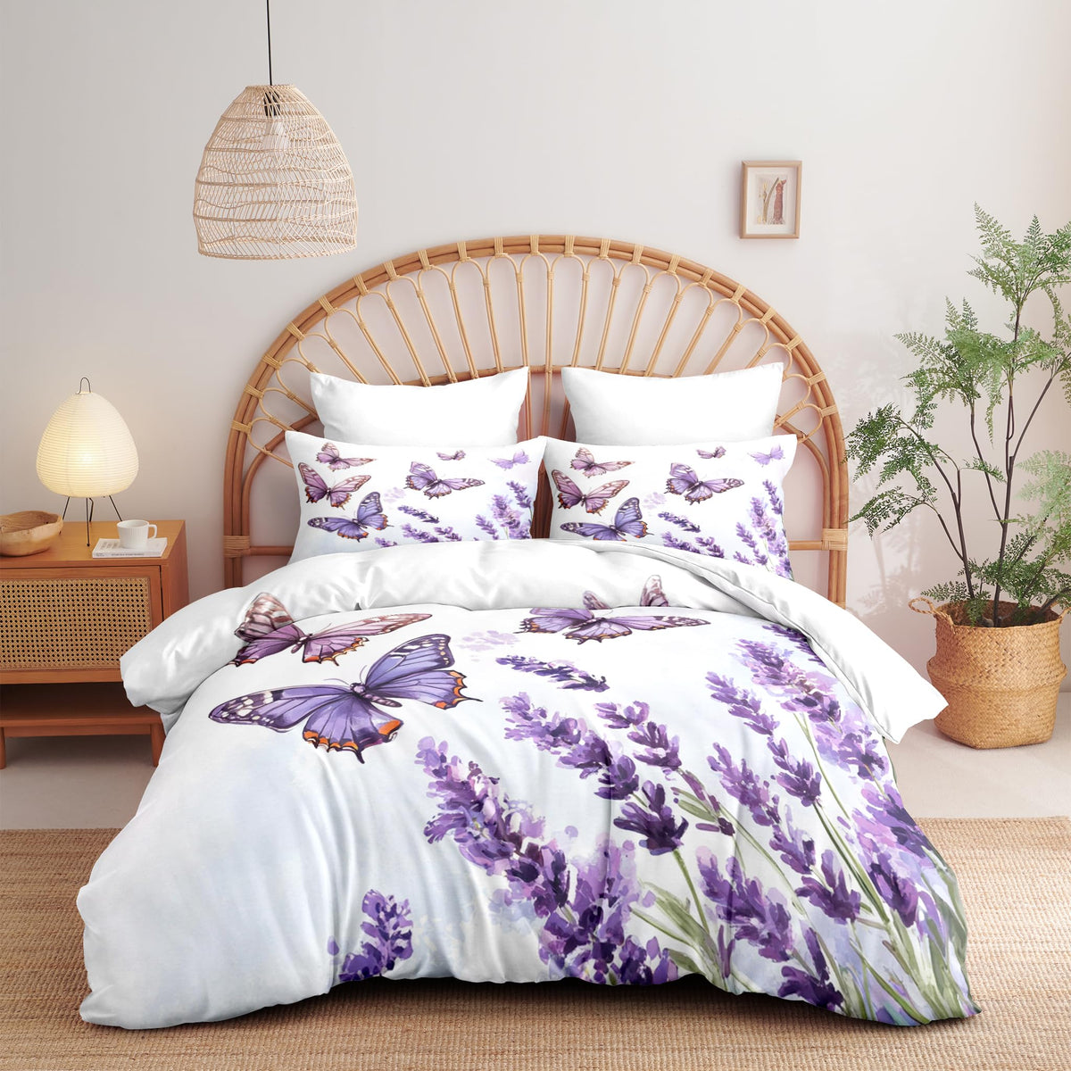 Purple Lavender Queen Comforter Set, Butterfly Bedding Set Soft Victorian Style Flowers Print - 3 Pieces Fluffy