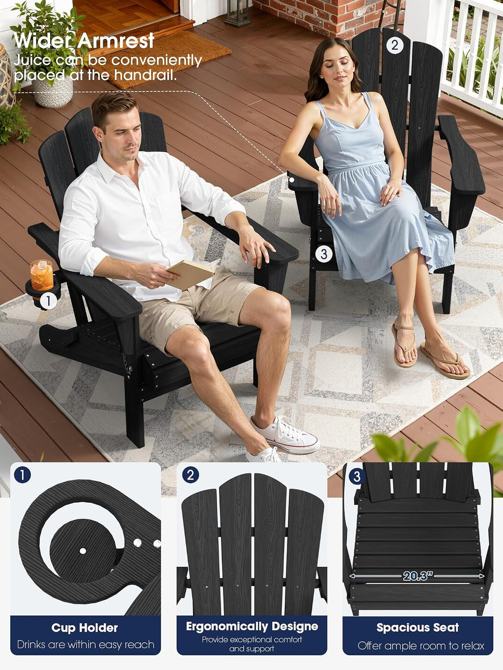 Folding Adirondack Chair, All-Weather HDPE Material, Black, 2 Pack | Wooden Textured Lawn Chair Patio Chairs for