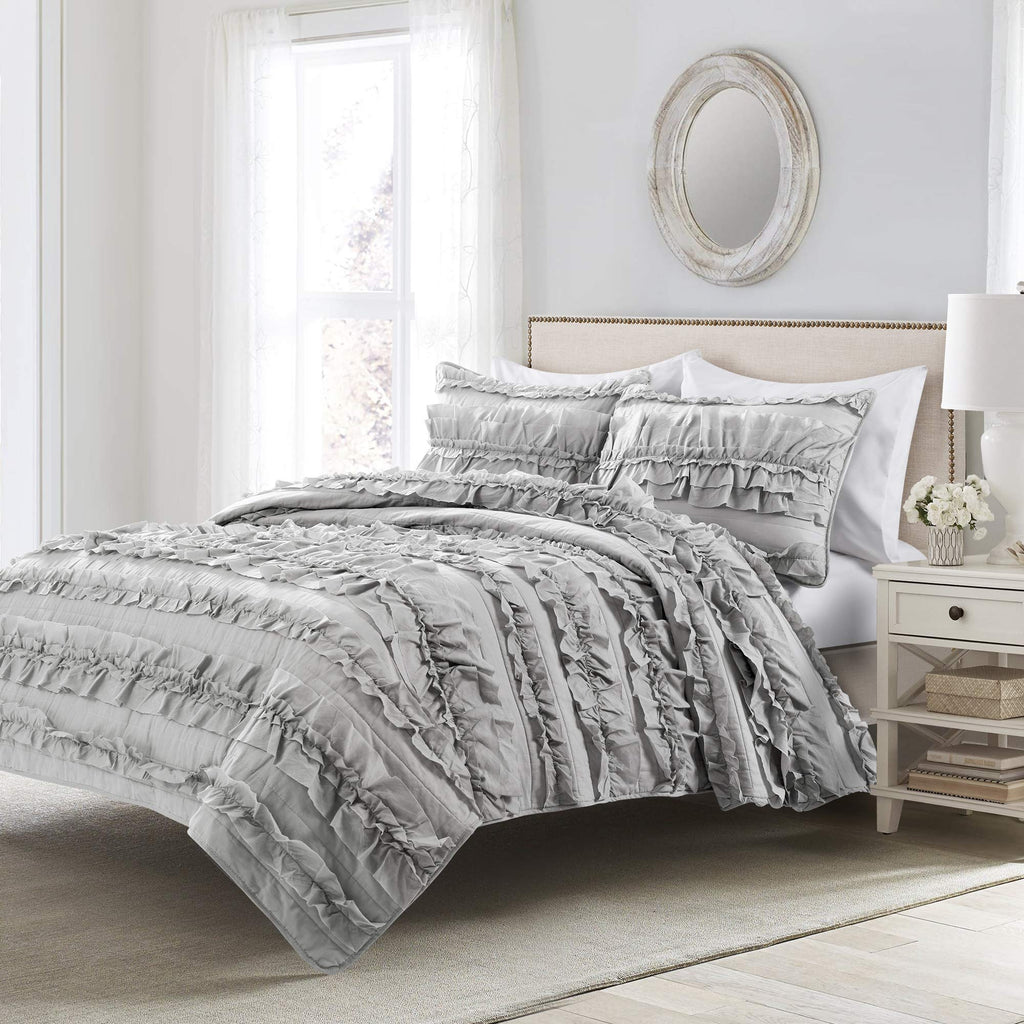 Belle Quilt 3 Piece Set Light Grey - Ruffle Bedding Set - Cute Quilt