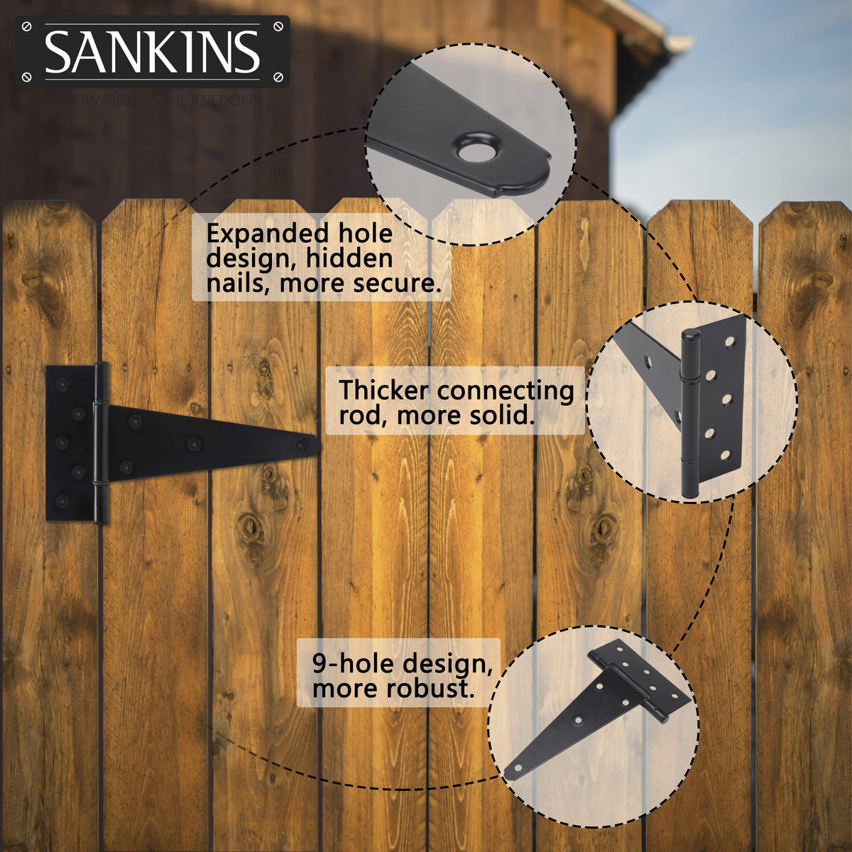 8 Inch T-Strap Shed Door Hinges Heavy Duty, Black Tee Hinge for Wooden Fences, Yard Door, Barn Door Gates, Wrought