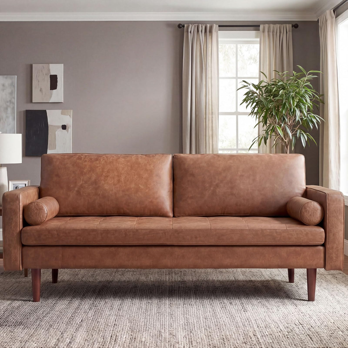 Faux Leather Couch, 70" Mid-Century Modern Sofa, Brown