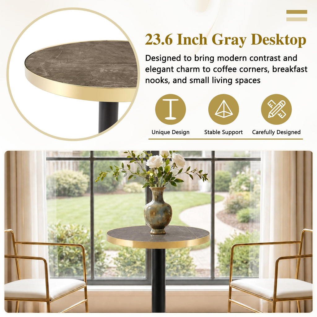 Inspired Saarinen Style 23.6" Small Round Dining Table for 2, Circle Tulip Table, Faux Marble Top with Gold Metal Pedestal Base, Modern