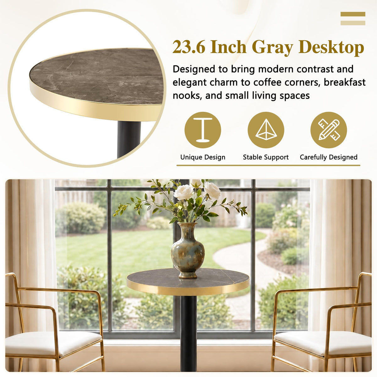 Inspired Saarinen Style 23.6" Small Round Dining Table for 2, Circle Tulip Table, Faux Marble Top with Gold Metal Pedestal Base, Modern