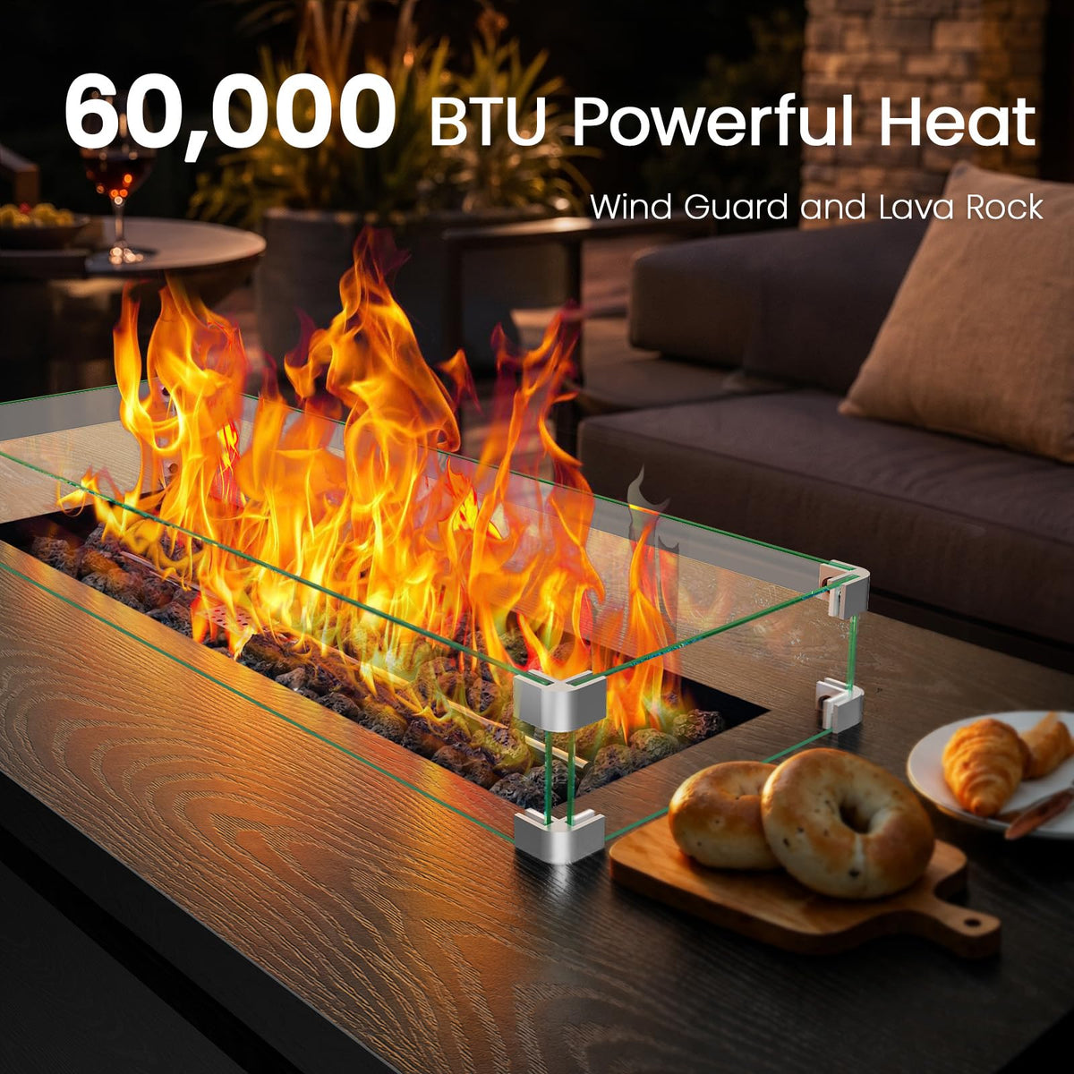 51" 4-in-1 Propane Fire Pit Table, 60000 BTU with Glass Wind Guard