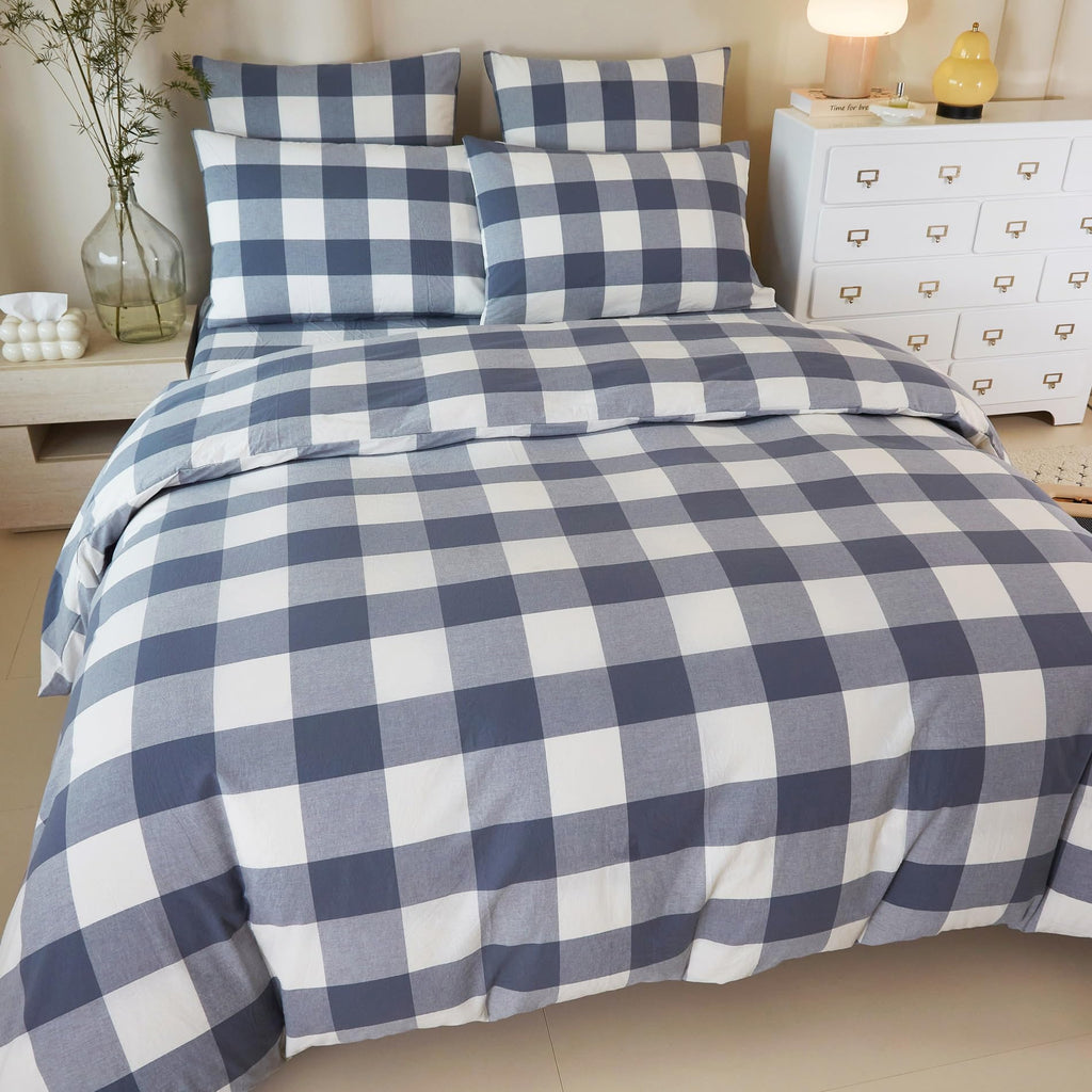 Blue White Buffalo Plaid Duvet Cover Set 100% Washed Cotton
