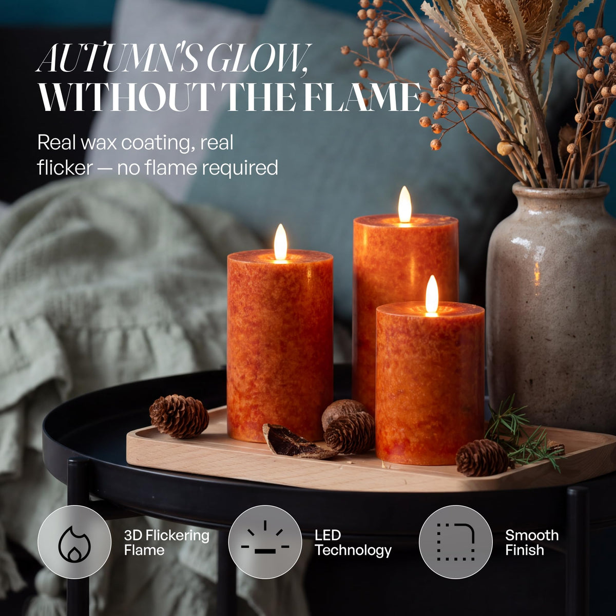 Mottled Orange Fall Flameless Candles with Remote and Timer, Real Wax Made LED Pillar Candles Battery Operated with