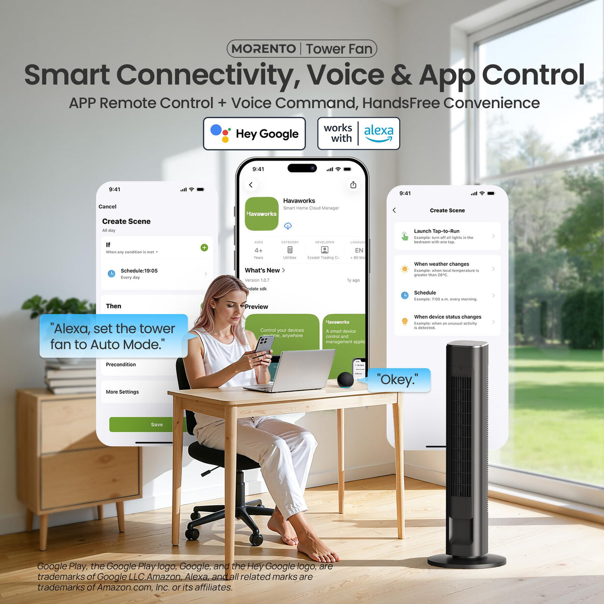 Smart Tower Fan with Remote, WiFi/App/Voice Control, 25dB, Black