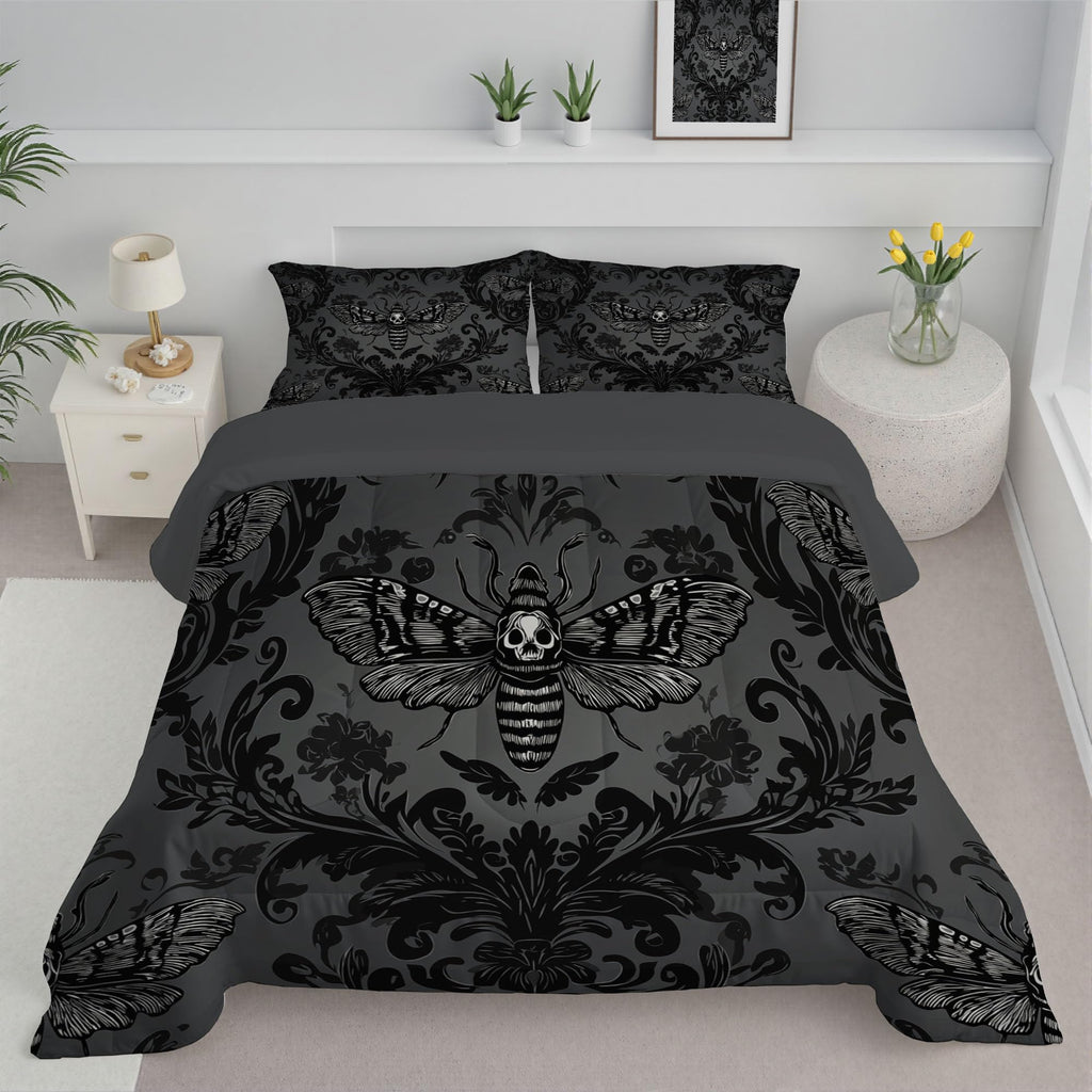 Comforter Set, 3 Pcs Fantasy Moth Comforter with Gothic Brocade Pattern, Reversible Deep Black Comforters, Soft