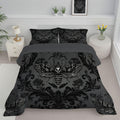 Comforter Set, 3 Pcs Fantasy Moth Comforter with Gothic Brocade Pattern, Reversible Deep Black Comforters, Soft