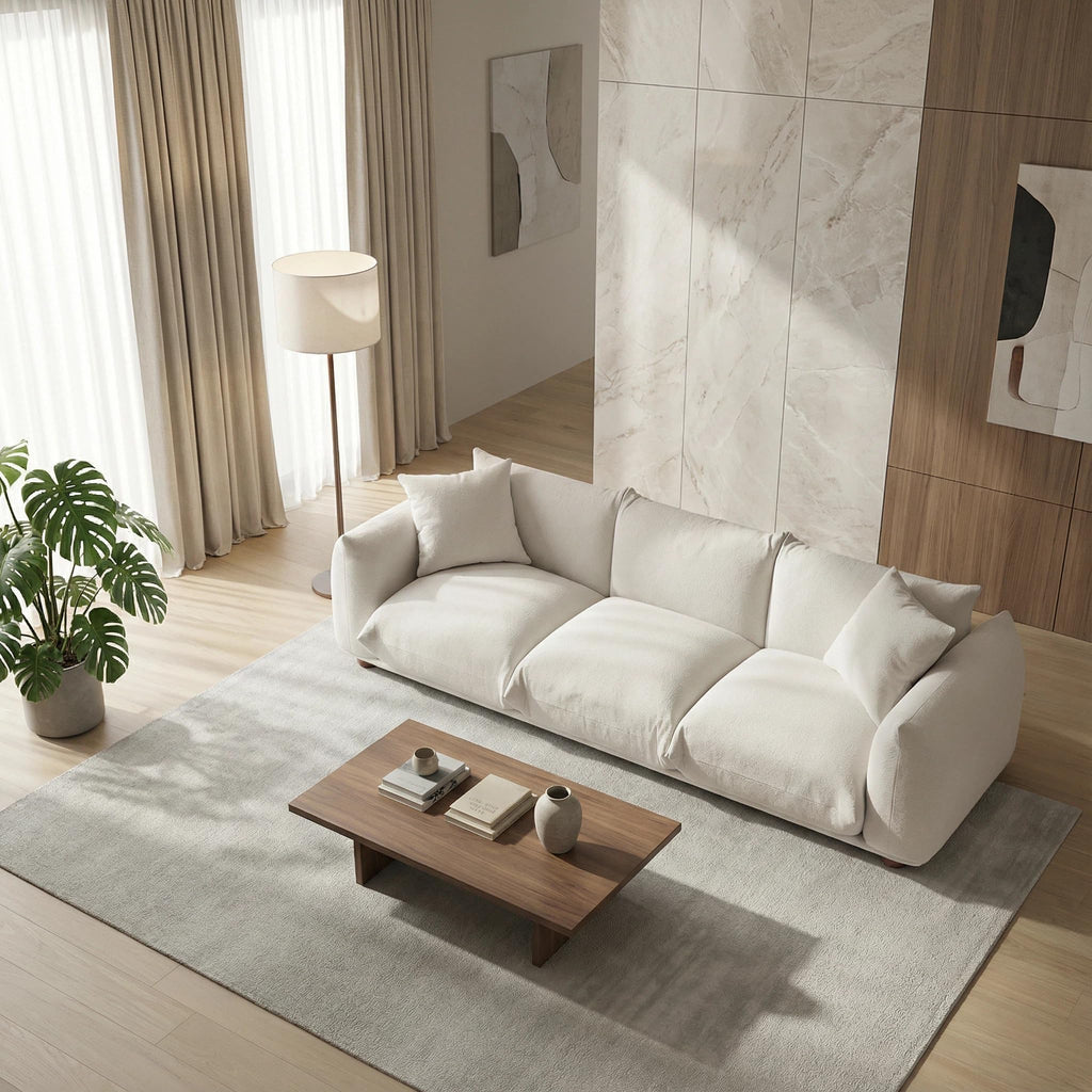 Sofa Couch, 100", 3 Seater, Solid Wood Frame, Boucle, Minimalist, Cream