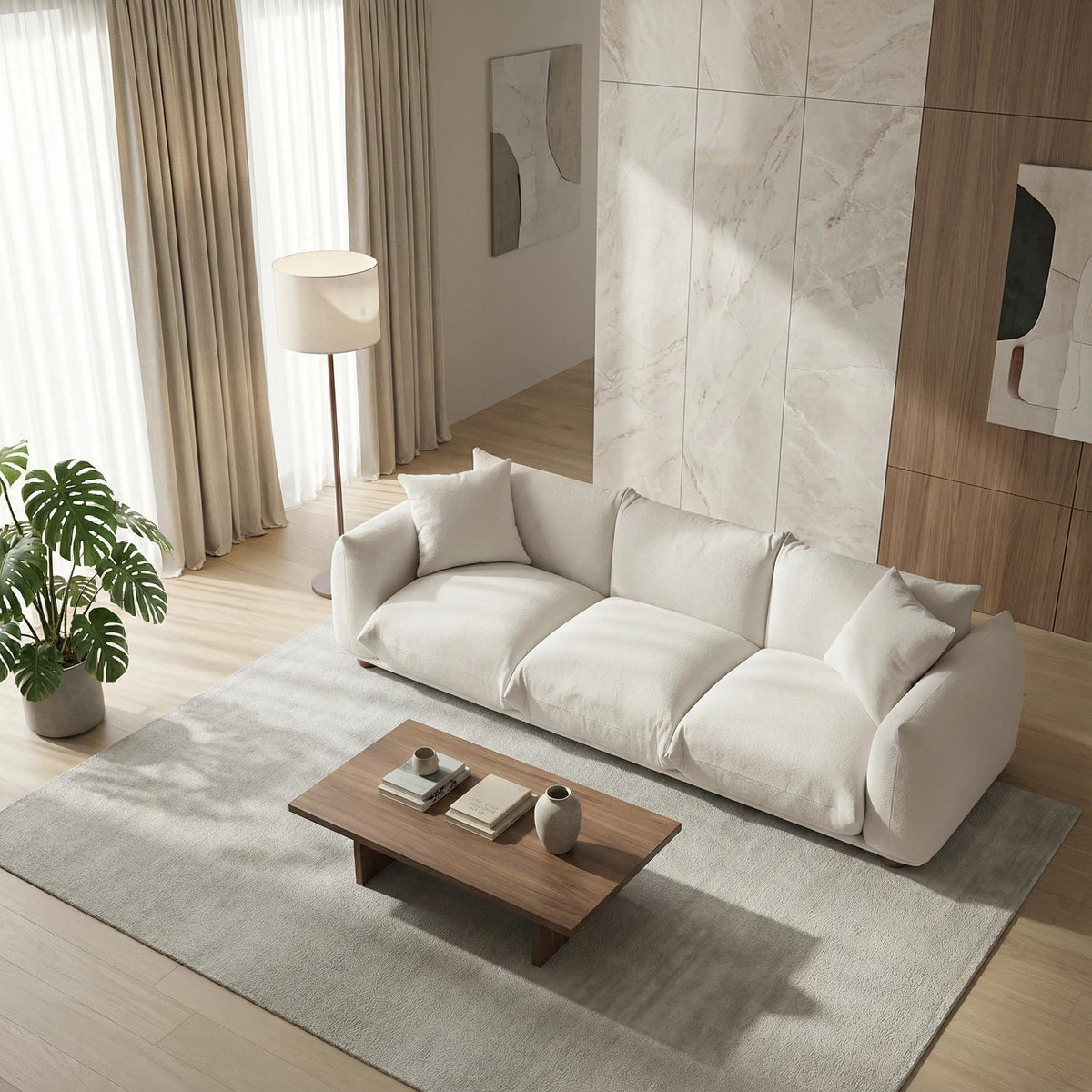 Sofa Couch, 100", 3 Seater, Solid Wood Frame, Boucle, Minimalist, Cream