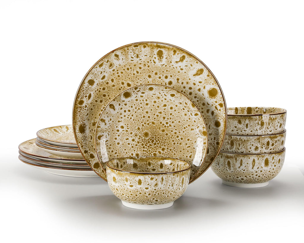 12 Pcs Speckled Glaze Ceramic Dinnerware Set for 4, Vintage Brown