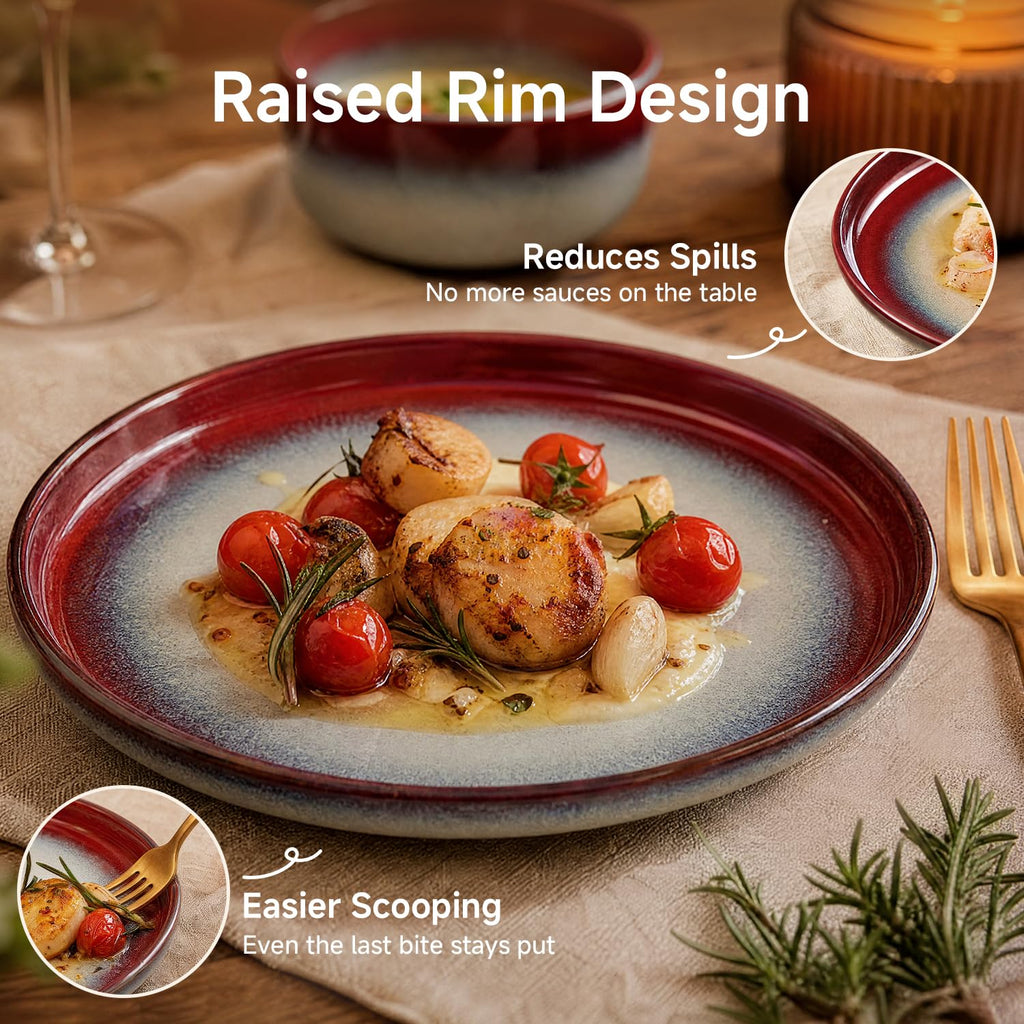 Dinnerware Set for 6, Red Reactive Glaze Plates and Bowls Sets