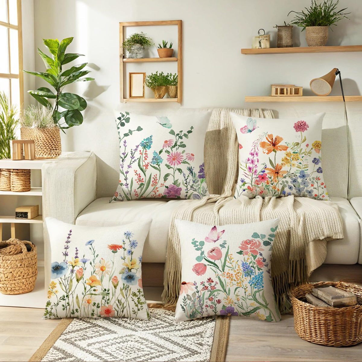Spring Summer Pillow Covers 20x20 Set of 4, Floral Seasonal Summer Outdoor Decoration Pillowcase Linen Cushion Cover