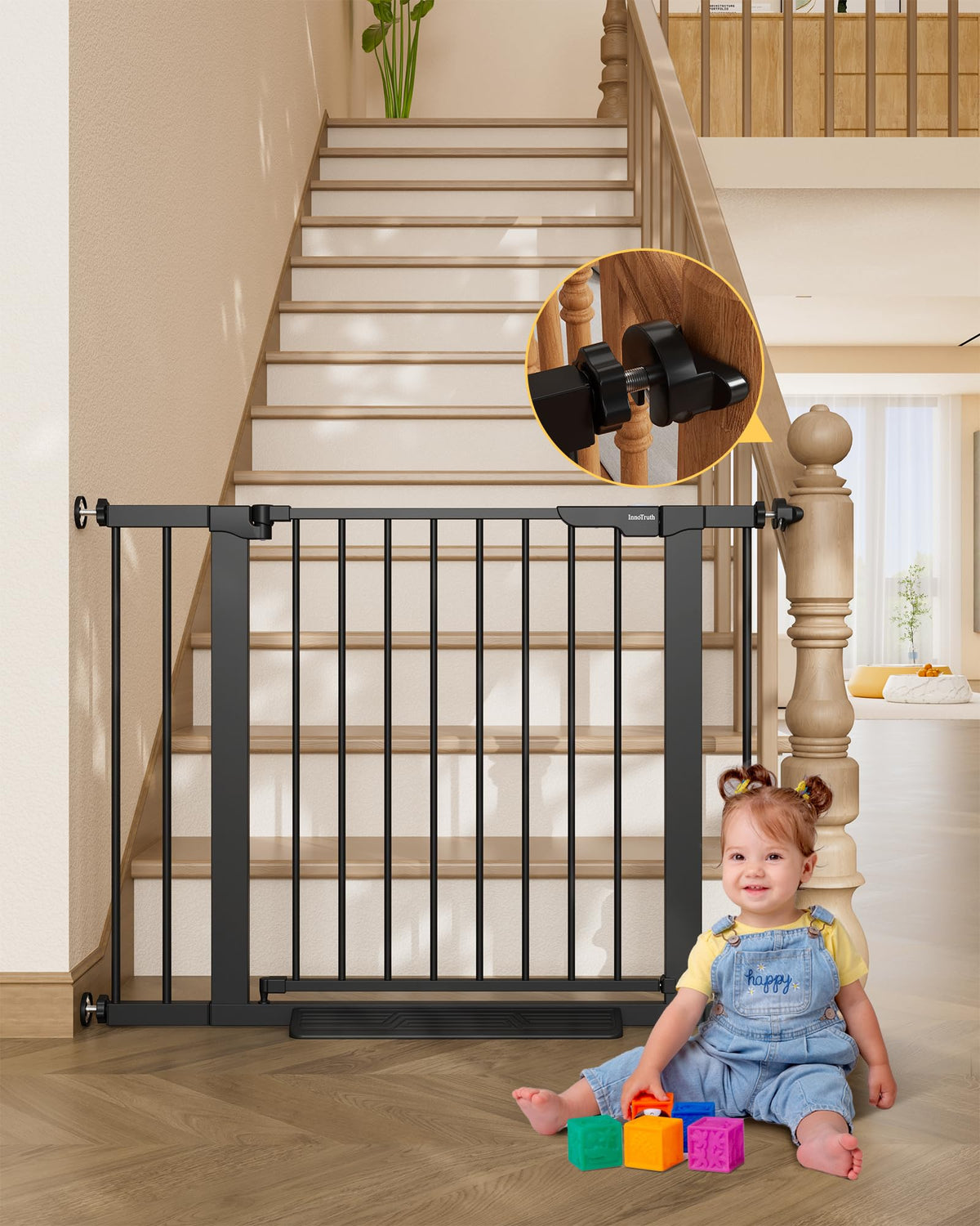 29.6-39.1 in Wide Baby Gate for Stairs and Doorways, Black