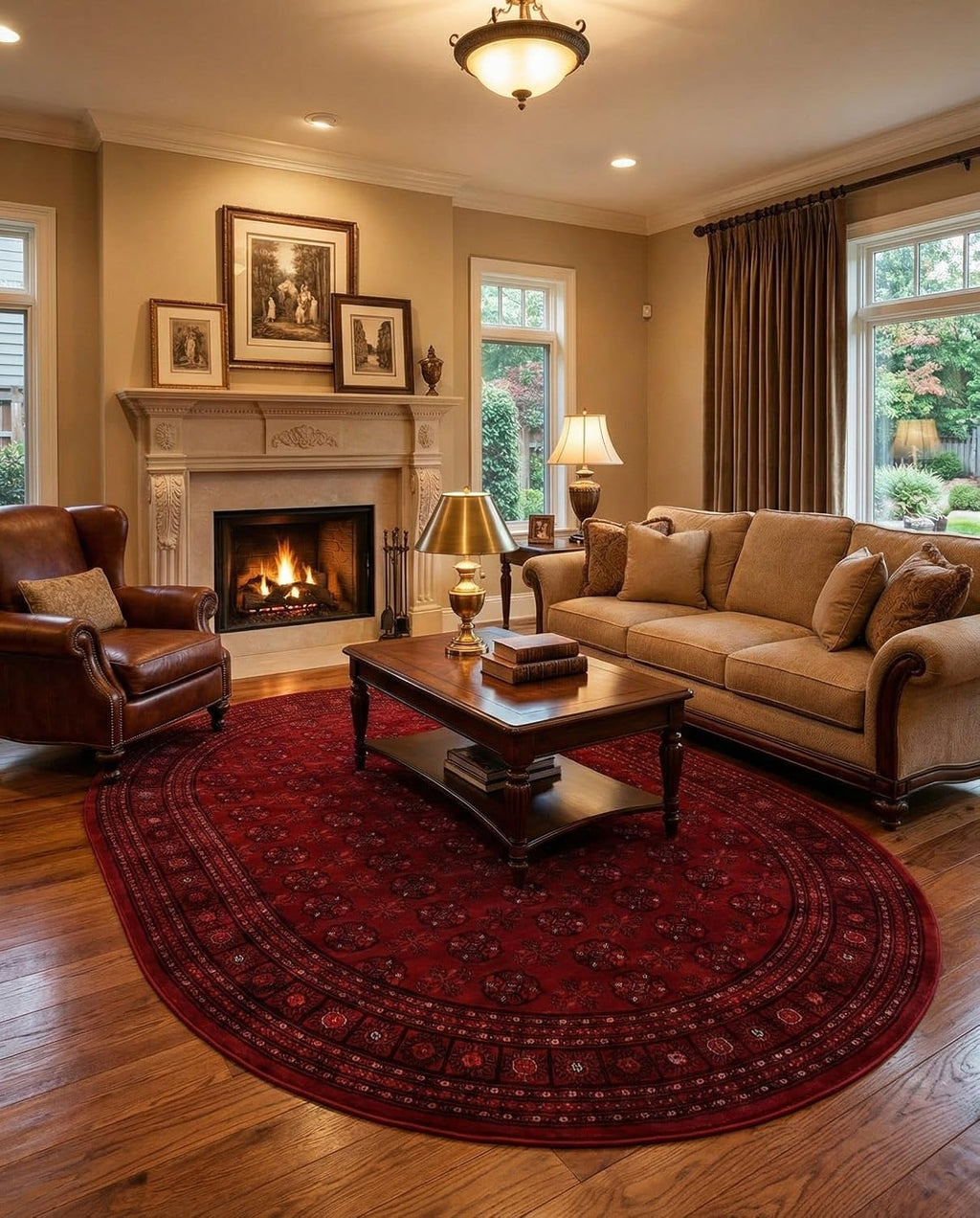 Bokhara Rug - 7' Oval Red Easy-Clean Area Rug Classic Medallion Design s and Dining Areas