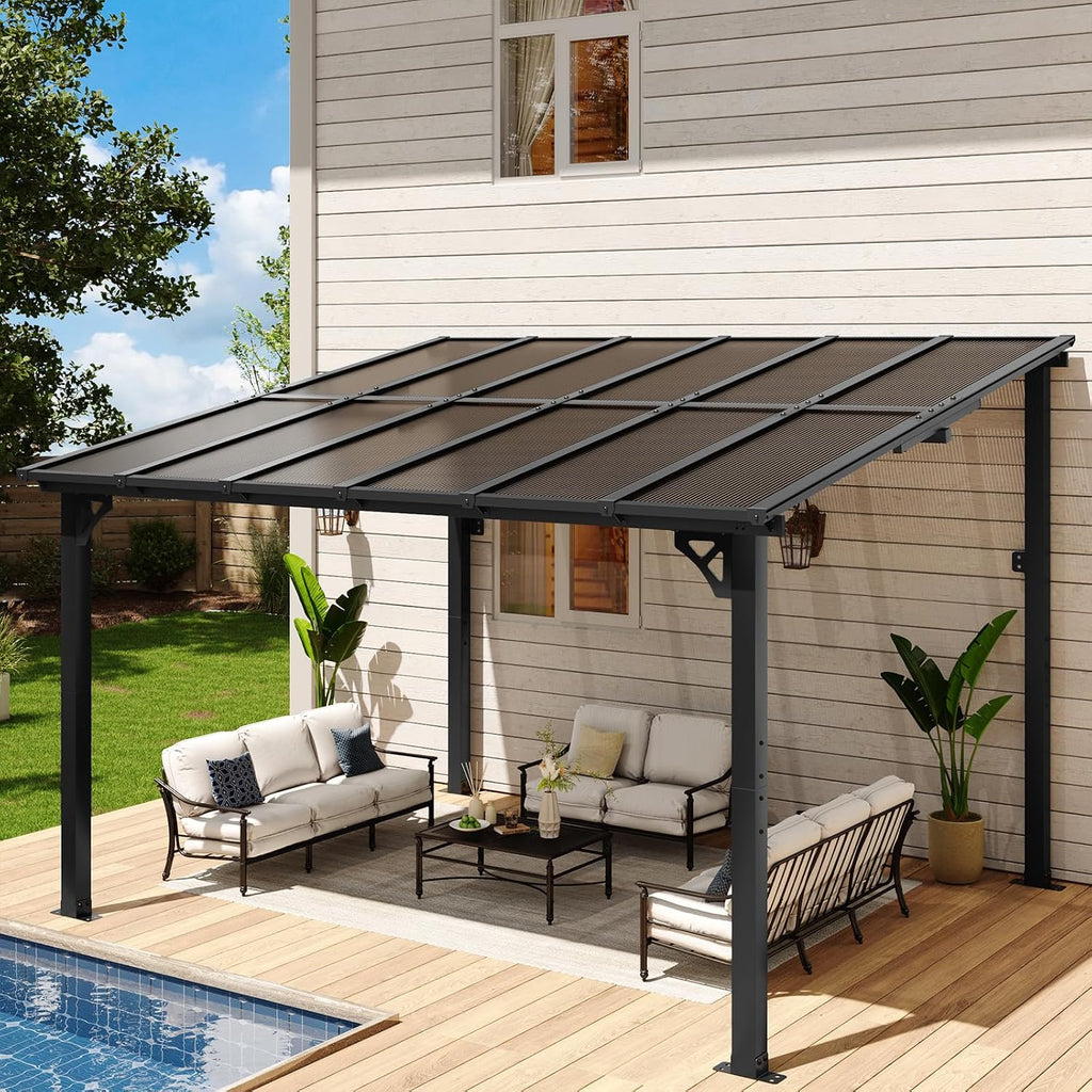 10' x 12' Gazebo, Gazebo Pergola with Sloped Roof, Large Wall-Mounted Heavy Duty Awnings
