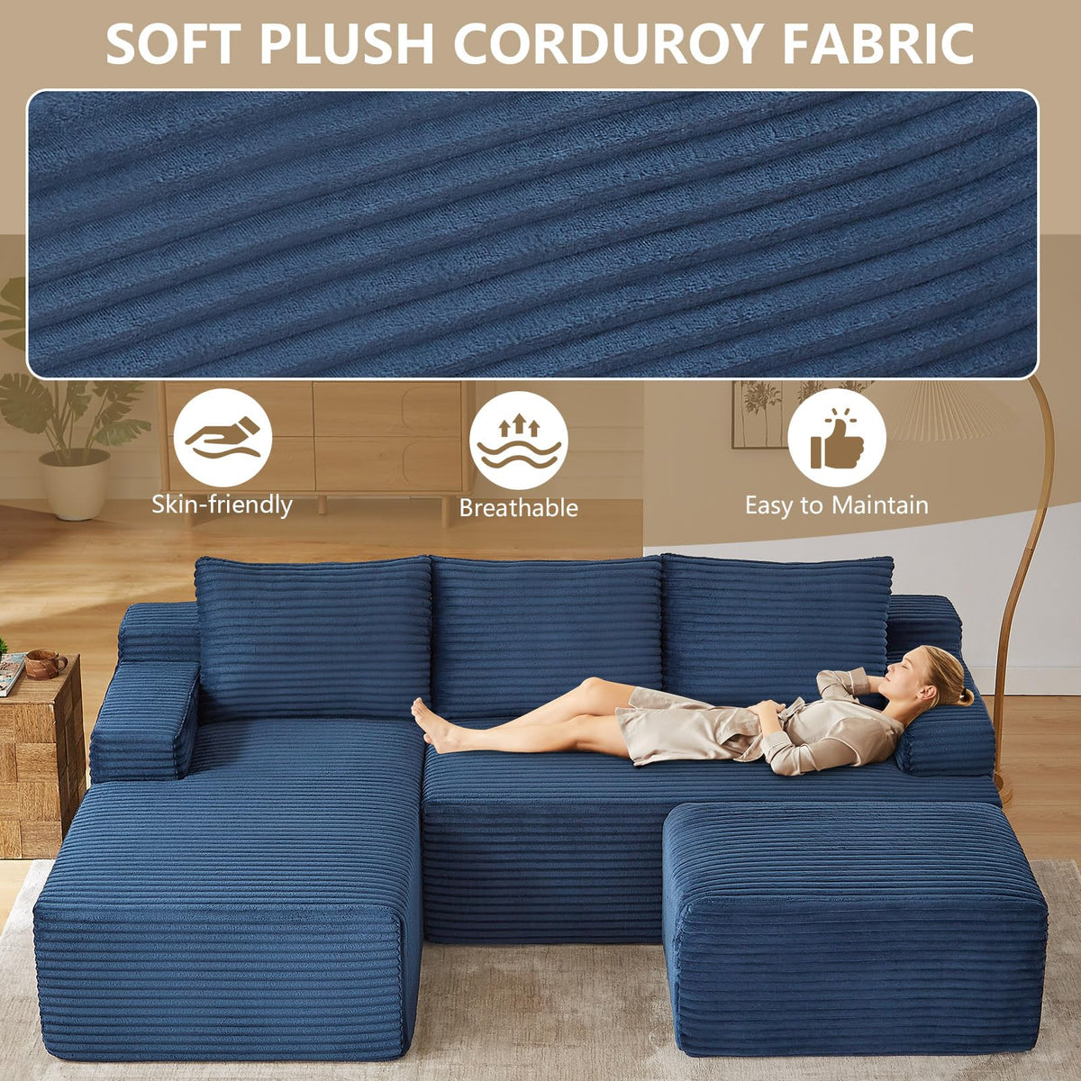 96" Cloud Sectional Couch with U-Shaped Chaise, Corduroy Sectional Sofa with Ottoman, Deep Seat Boneless Couch, No