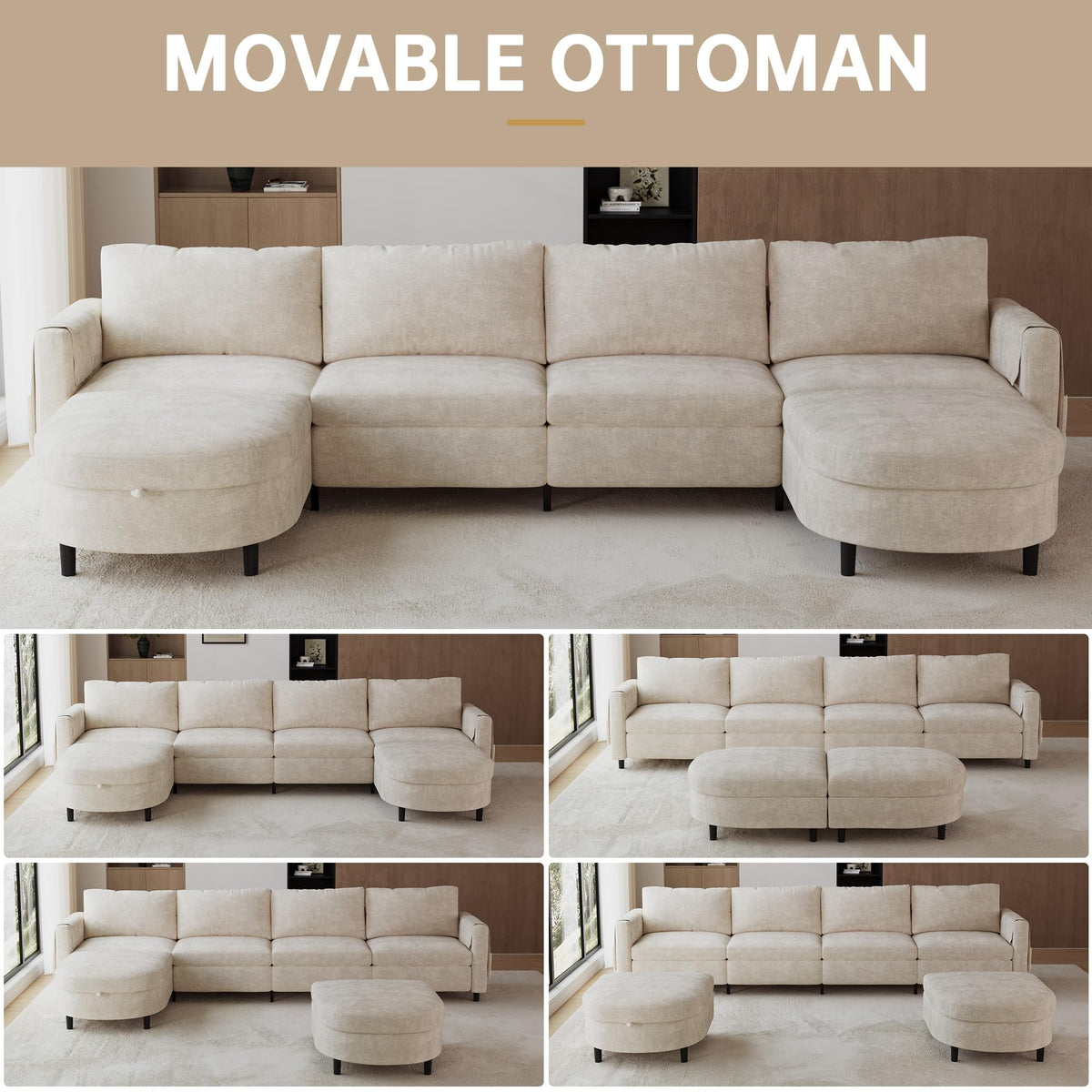 139" Beige White Sectional Couch U Shaped Sofa