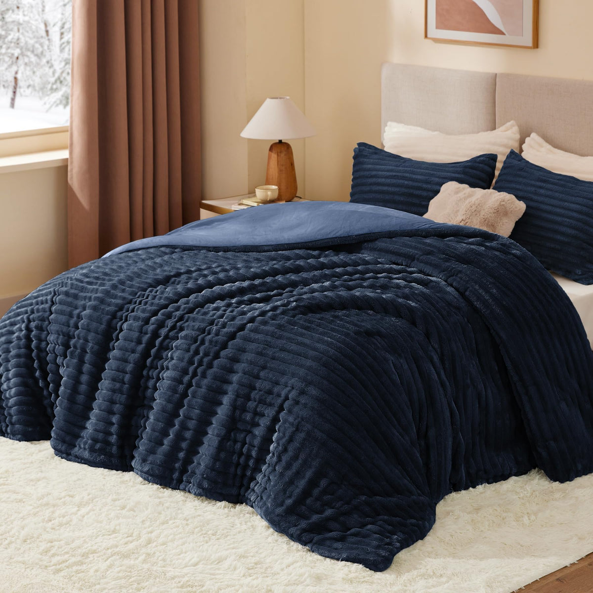 Fleece Oversized Comforter Set, Fluffy Bed Set, Navy Blue