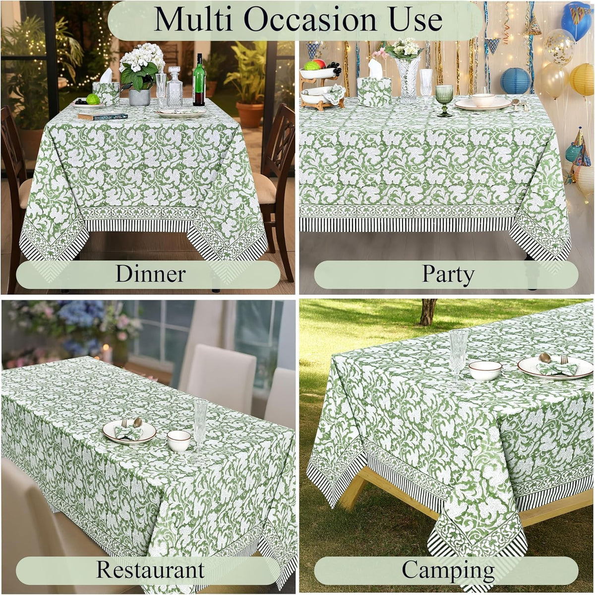 Sage Green 60x90 Inches Rectangle 100% Cotton Hand Block Print Tablecloth Washable Easter Thanksgiving/Christmas