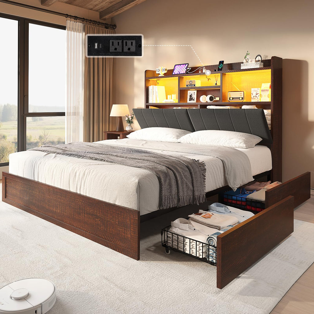 Barnwood LED Storage Bed with Charging Station & 51" Headboard