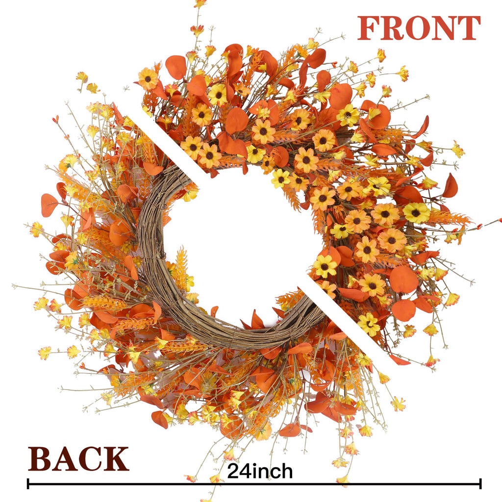 Fall Wreath 24'' Autumn Harvest Daisy Wreath with Orange Eucalyptus Foam Leaves Grain Daisies Berries for Outside