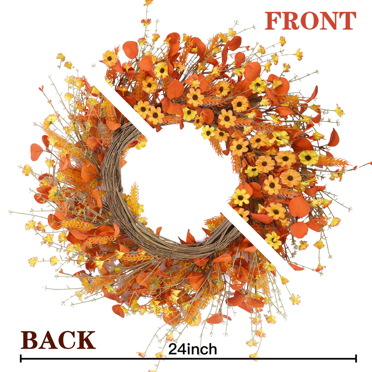 Fall Wreath 24'' Autumn Harvest Daisy Wreath with Orange Eucalyptus Foam Leaves Grain Daisies Berries for Outside