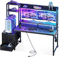 55 Inch Gaming Desk with Hutch & LED Lights & PC Tower Stand | Reversible PC Desk with 3 Fabric Drawers & Power