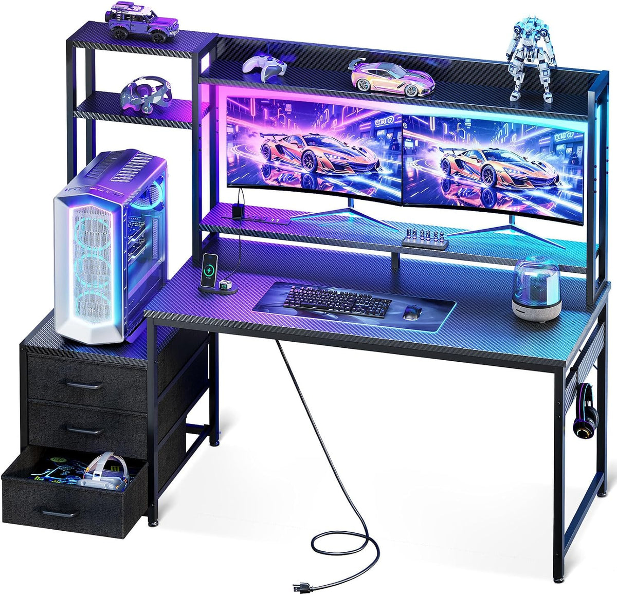 55 Inch Gaming Desk with Hutch & LED Lights & PC Tower Stand | Reversible PC Desk with 3 Fabric Drawers & Power