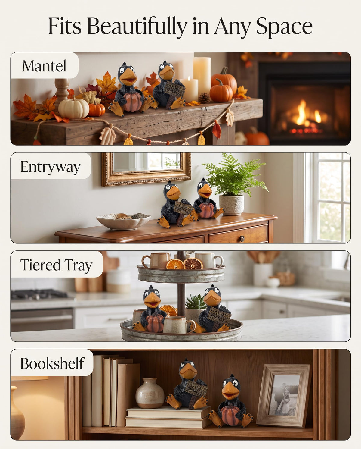 Set of 2 Thanksgiving Crow Figurines, Resin Fall Tabletop Decor with Pumpkin and Give Thanks Sign, Black Bird Shelf