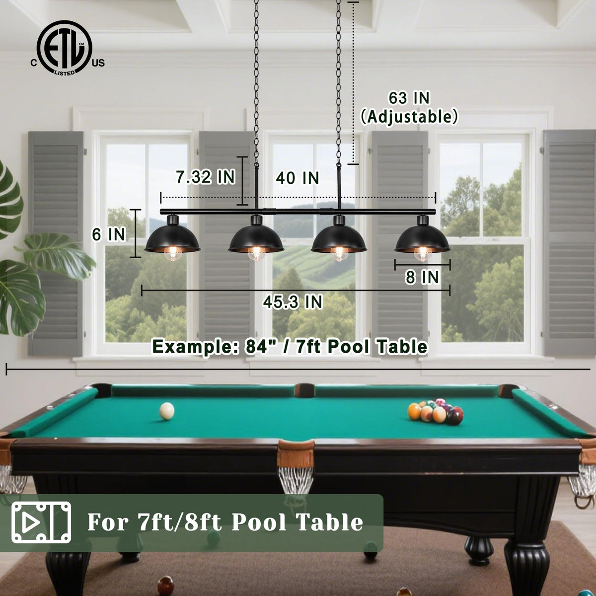 Pool Table Light for 7' 8' Adjustable Billiard Lights Hanging Over Pool Table Lights, 4 Light Industrial Chandelier