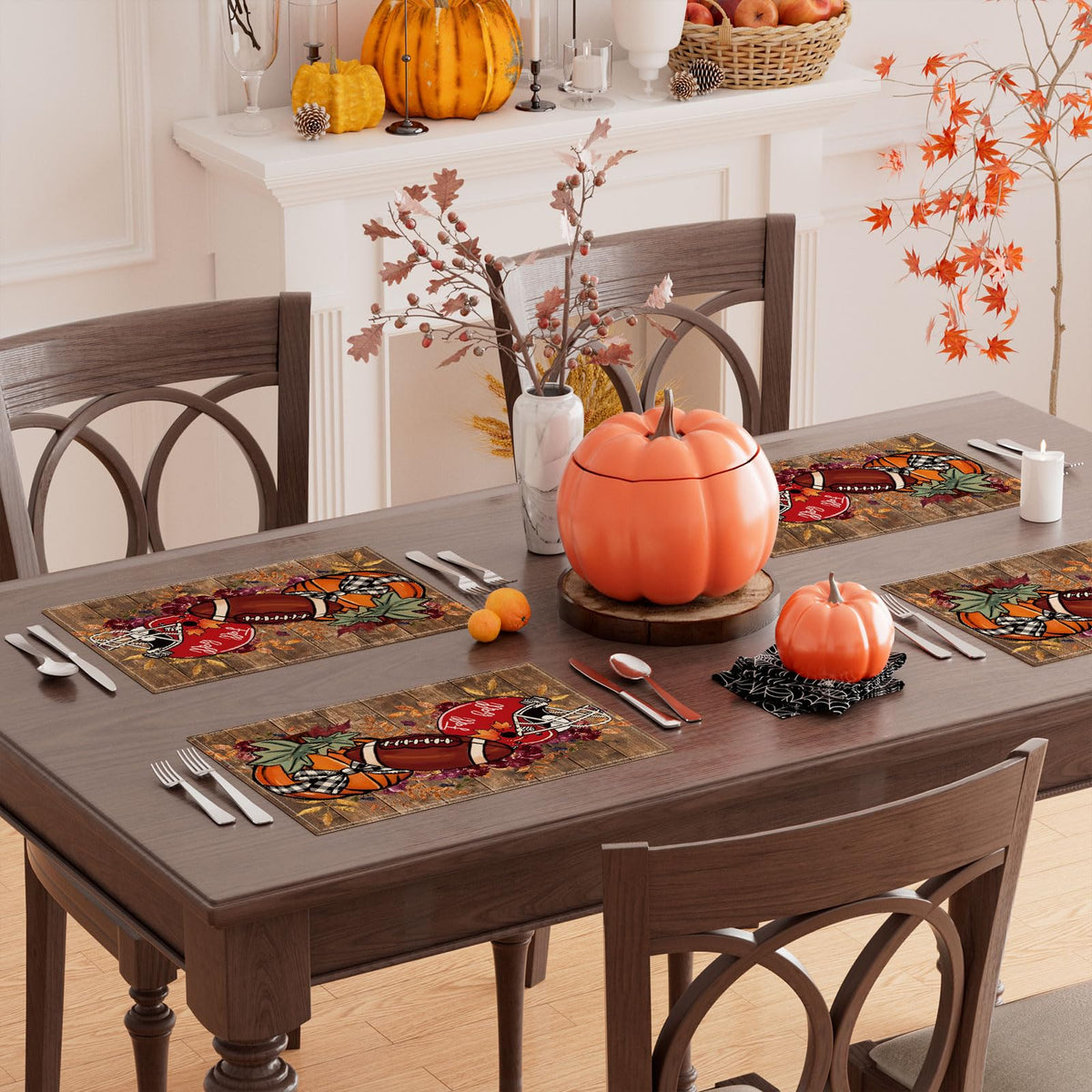 Fall Football Helmet Pumpkin Placemats Set of 6 Table Decor 12x18 Inch
