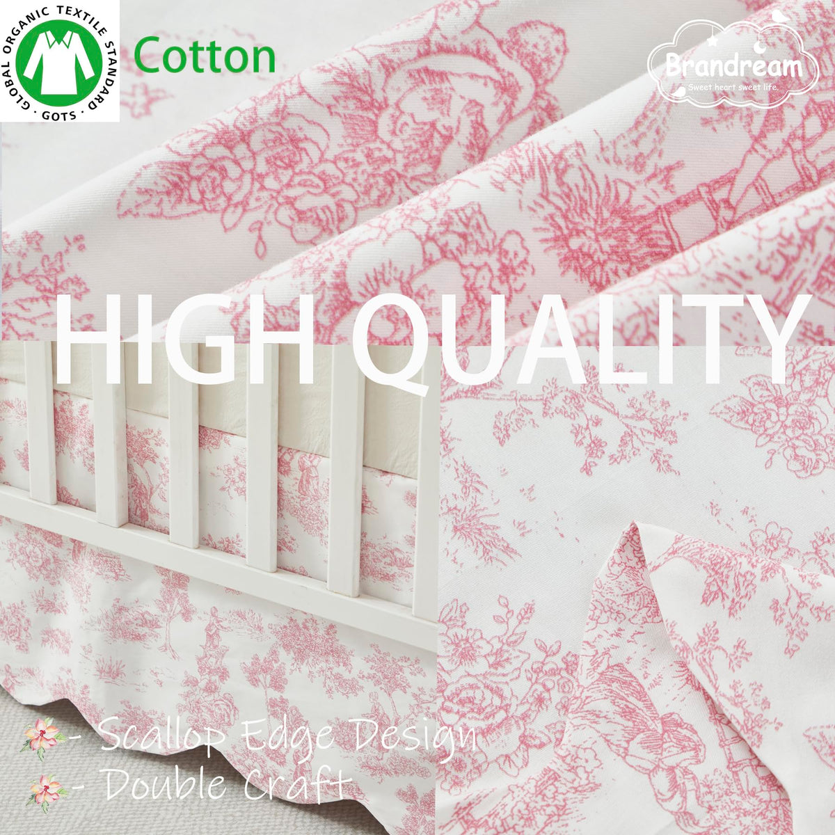 Scallop Edge Cotton Crib Skirt, Baby Girl, French Country Pink Toile Crib Skirt Toddler Bedskirt Farmhouse Chic