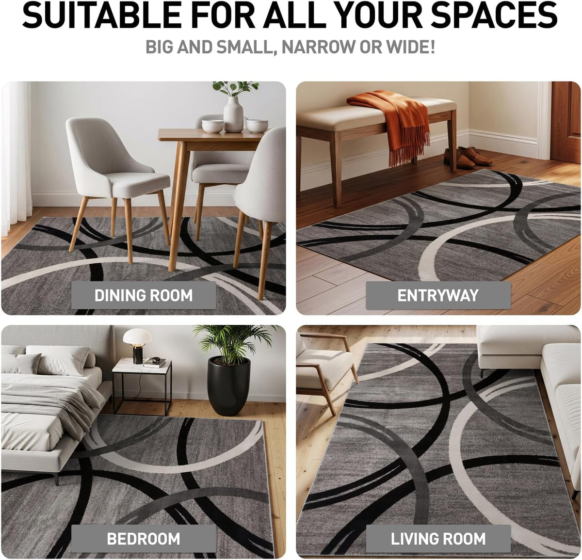 Wavy Circles Fade-Resistant Living Room Area Rug Gray
