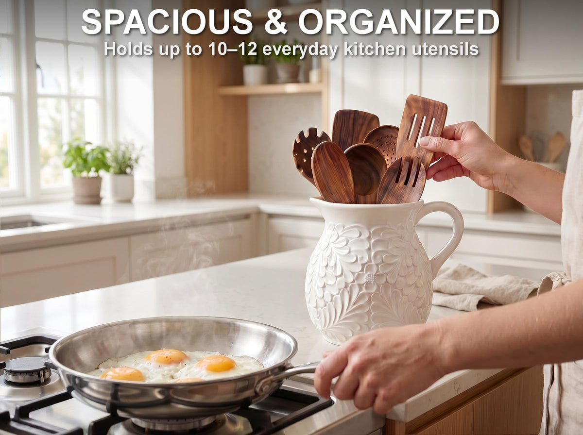 Ceramic Vase & Utensil Holder, 7.9-Inch Large Embossed Farmhouse Crock