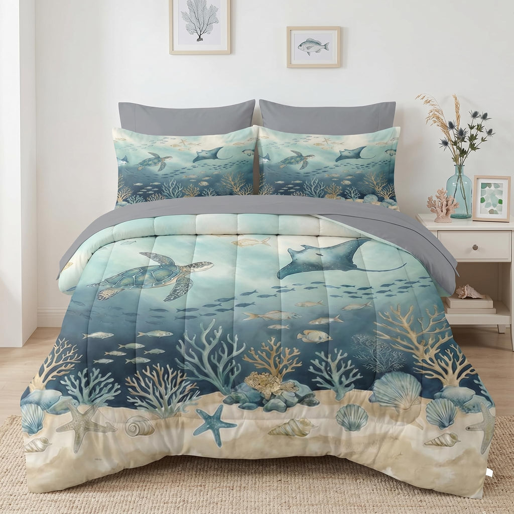 Comforter Set with Sheets, 7 Pieces Ocean Turtle Bedding