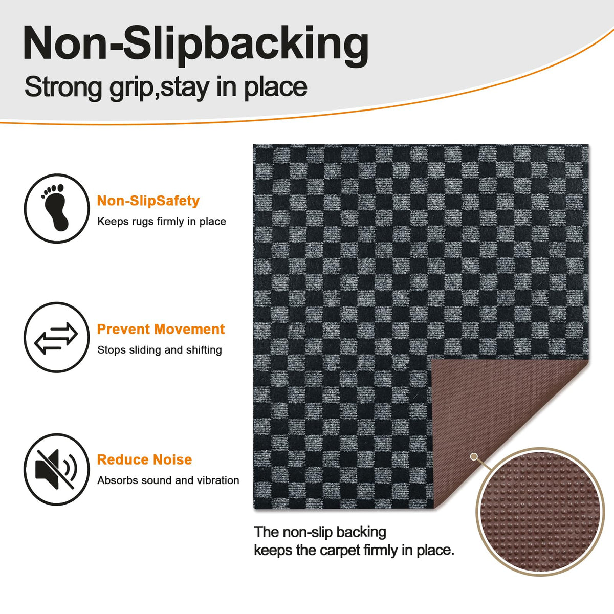 4x16 FT Non-Slip Kitchen Rugs with Rubber Backing, Black Check