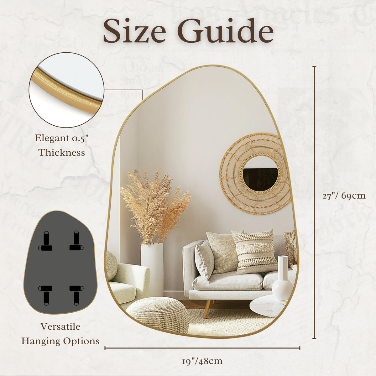 Irregular Asymmetrical Wall Mirror, 27''x19'' Gold Bathroom Mirror