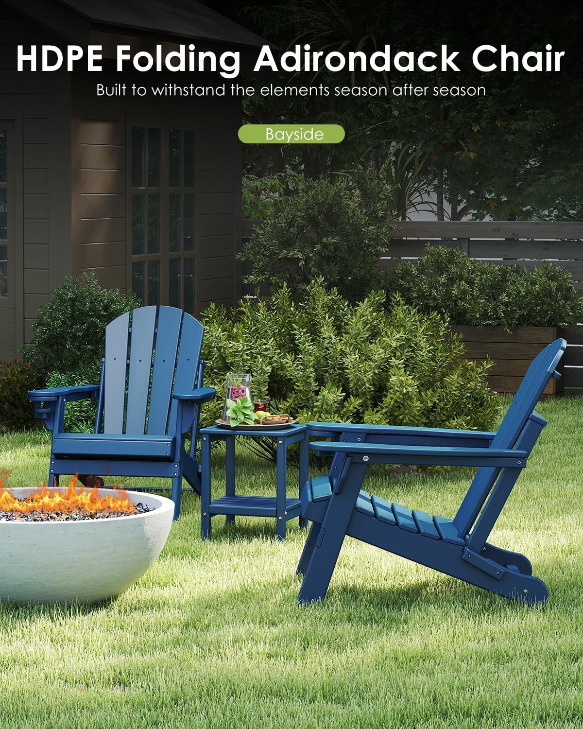 Folding-Adirondack-Chairs Set of 2, HDPE All Weather, Blue | Hidden Cup Holder | 5" Wide Armrests | Foldable Fire Pit