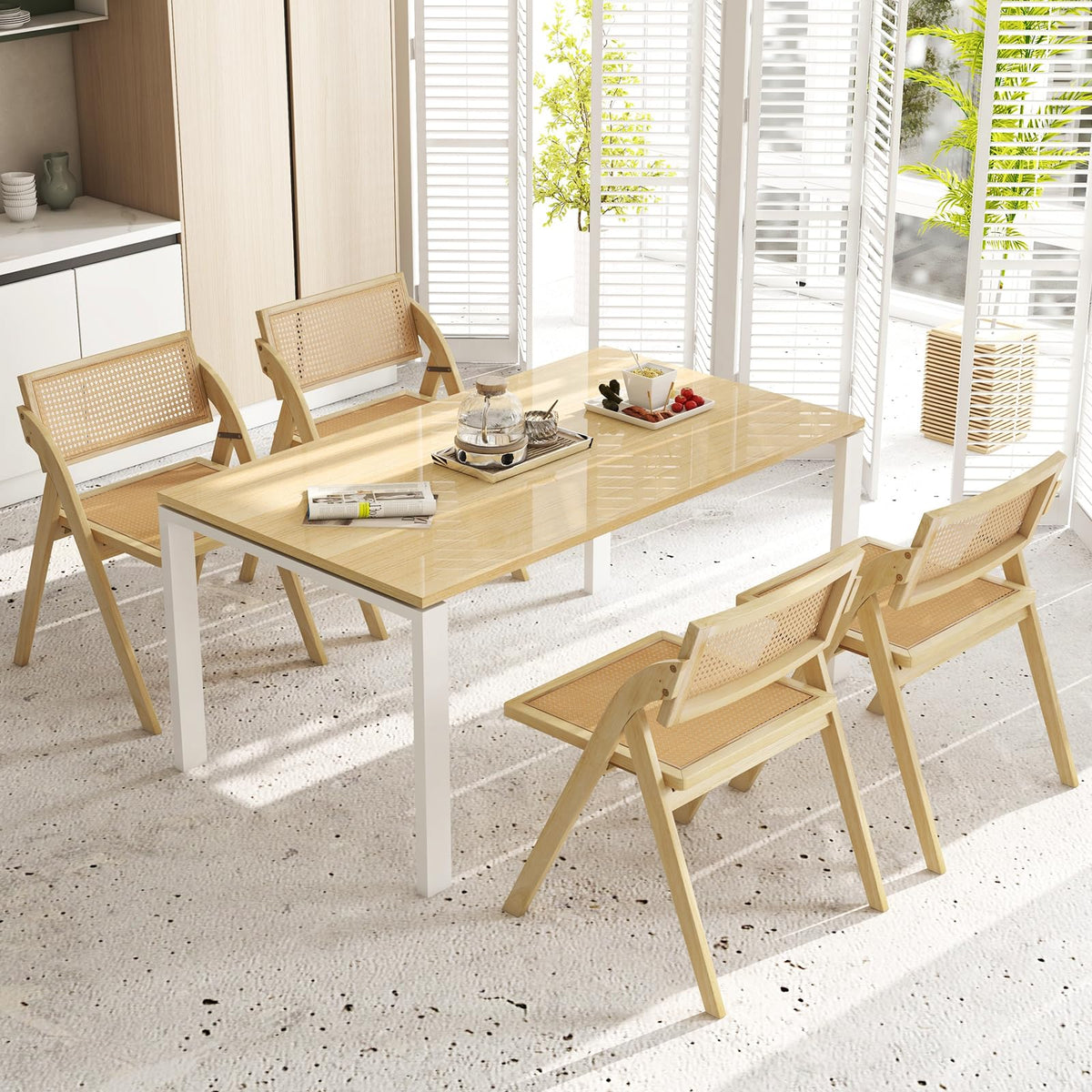 Folding Dining Chairs Set of 2, Wooden Folding Chair with Rattan Backrest & Seat, Sturdy Rubber Wood Frame, Armless