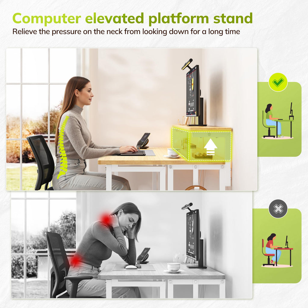 39.4" Folding Table with Ergonomic Monitor Stand&LED for Small Spaces, Oak